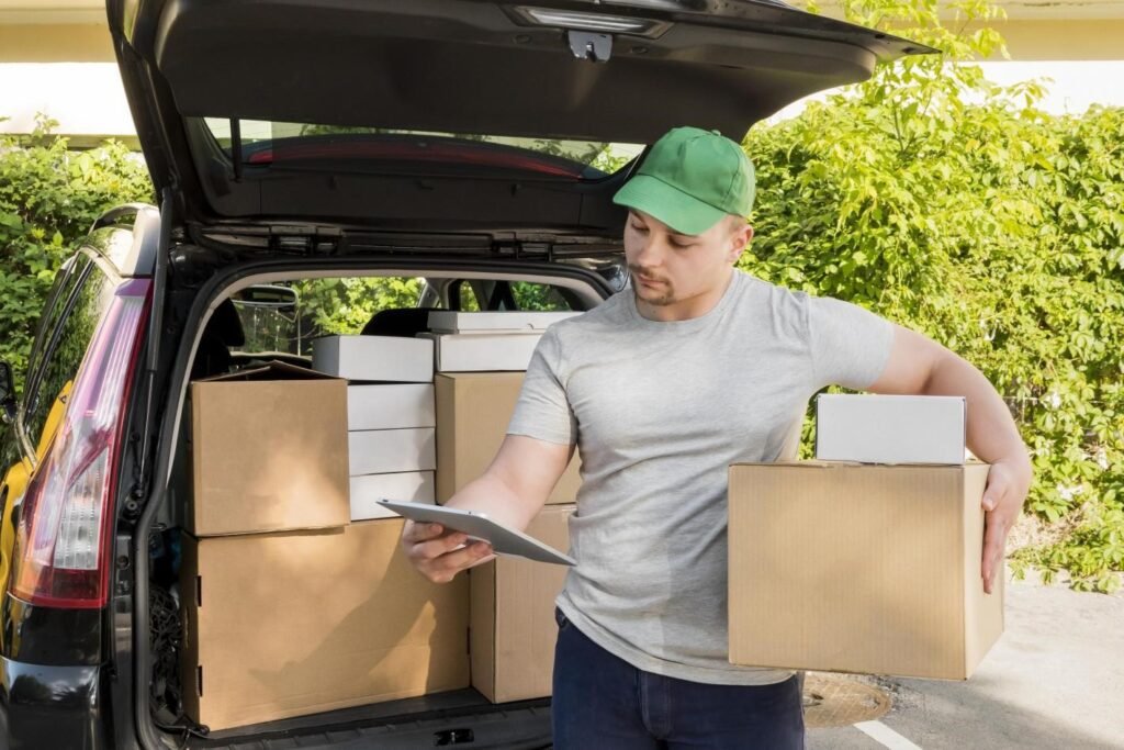 Man and van driver loading boxes for a local move in Manchester