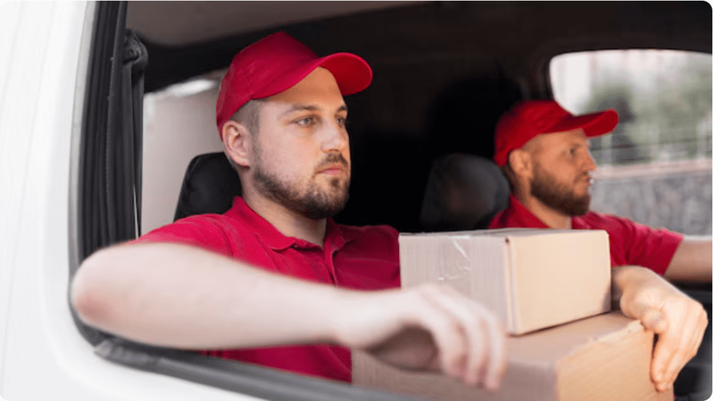 Movers in van transporting UK home packages