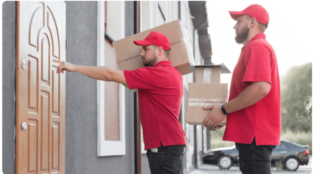 Professional movers in red uniforms delivering cardboard boxes to a house entrance.